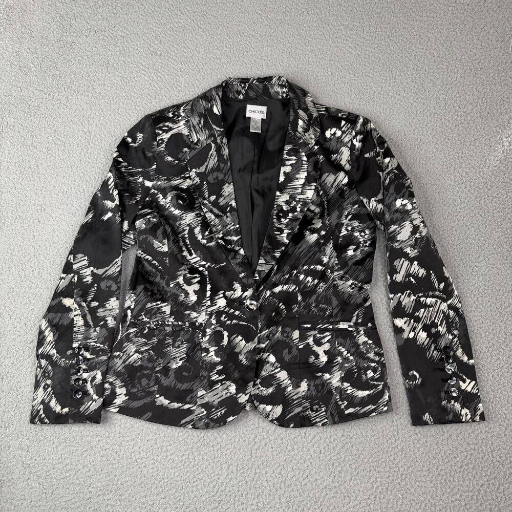 Chicos Silk Cotton Black White Blazer Jacket Abstract Lined Size 1 (Medium)